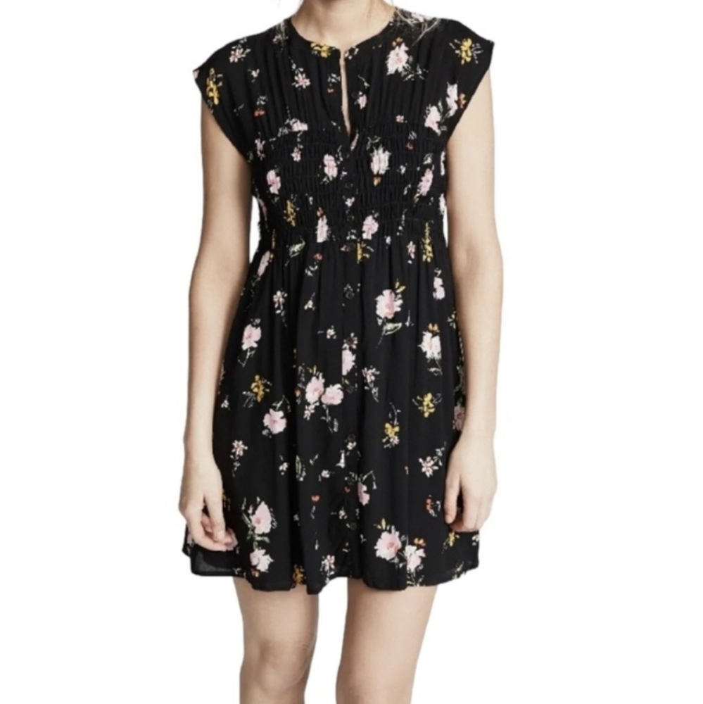 Free People Greatest Day Smocked Mini Dress Black Floral Sz M EUC
